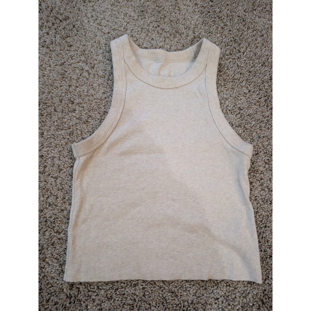 Aerie Ribbed High Neck Tank Top Oatmeal Beige Sleeveless Medium 7819708129